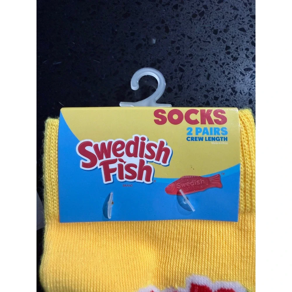 Swedish Fish 2 Pair Crew Socks Yellow Blue Candy Graphic Mens 6-10 12744MNGC NEW